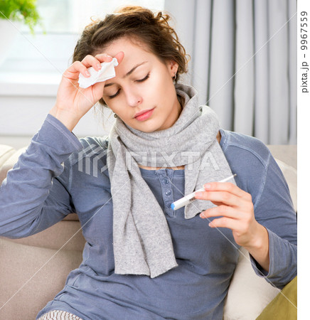Sick Woman with Thermometer. Flu. Woman Caught Cold 9967559