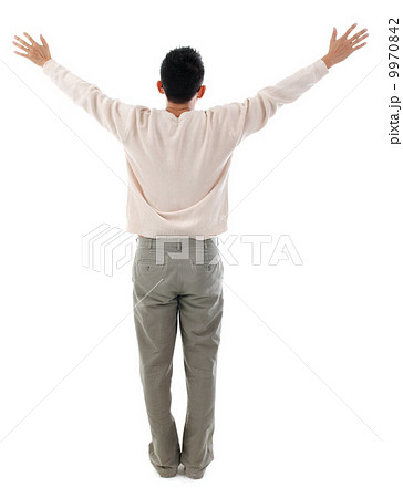 Rear view Asian man arms outstretched Rear view Asian man arms outstretched 9970842