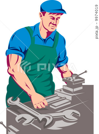 turner worker at work on lathe 9974019