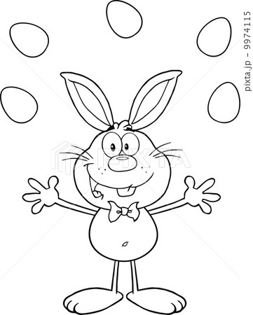 Black And White Cute Rabbit Cartoon Character Juggling With Easter Eggs 9974115
