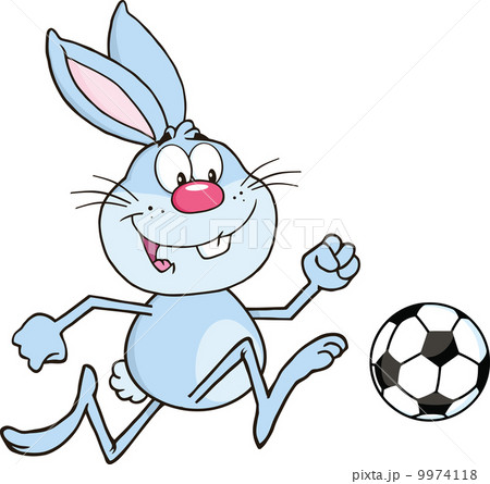 Cute Blue Rabbit Cartoon Character Playing With Soccer Ball 9974118
