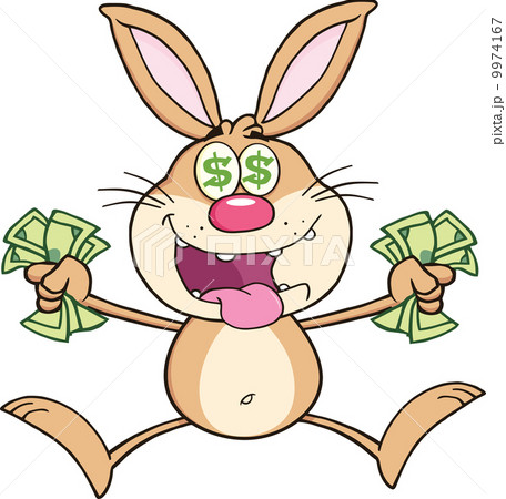Rich Brown Rabbit Cartoon Character Jumping With Cash 9974167