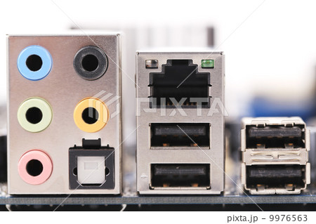 Motherboard color sockets. Close up. 9976563