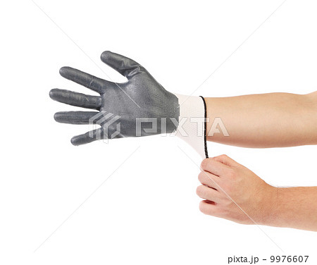 Hands putting on glove. Hands putting on glove. 9976607