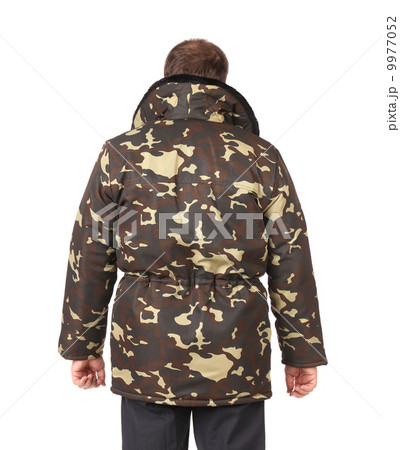 Man in military vest. Back view. 9977052