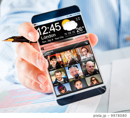 Smartphone with transparent screen in human hands. 9978080
