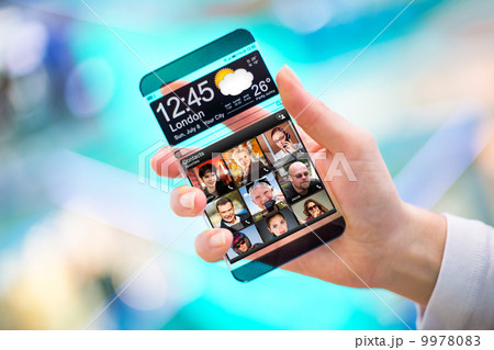 Smartphone with transparent screen in human hands. Smartphone with transparent screen in human hands. 9978083