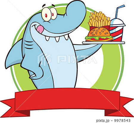 Shark Cartoon Character Holding A Plate Of Hamburger And French Fries Shark Cartoon Character Holding A Plate Of Hamburger And French Fries 9978543