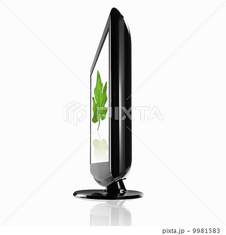 Side view of a flat screen monitor on a stand with a green leaf symbol. 9981583