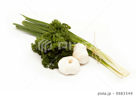 Fresh green onions, garlic and parsley isolated on white. 9983349