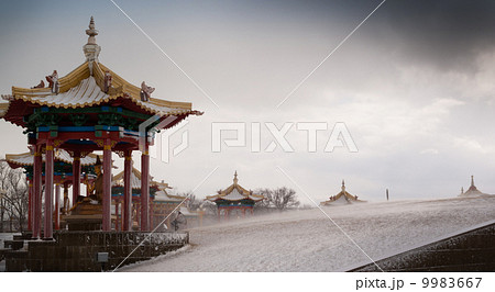 Buddhist temple in snowstorm 9983667