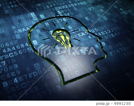 Data concept: Head With Lightbulb on digital screen background Data concept: Head With Lightbulb on digital screen background 9991230