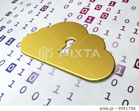Cloud technology concept: Golden Cloud With Keyhole on Binary Code background 9991798