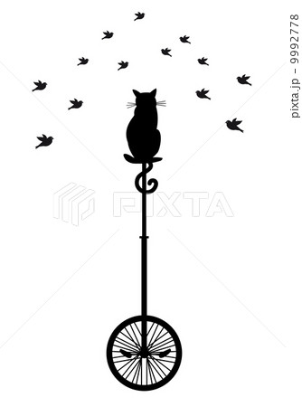 Cat Sitting On Monocycle And Watching Birds のイラスト素材