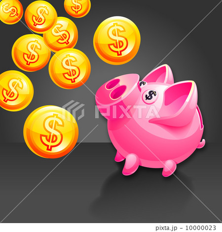 Piggy bank illustration. Vector icon. Pink. Black background. 10000023