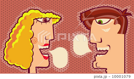 woman and man faces with bubbles for text.Vector portraits illus 10001079