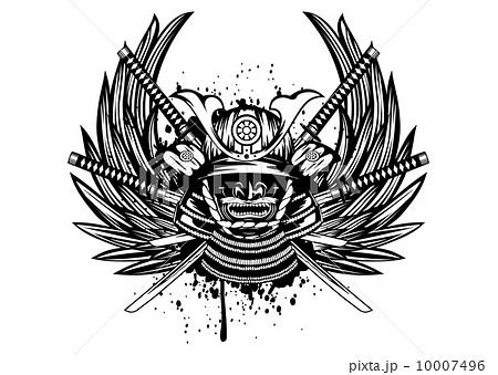 samurai helmet, menpo with yodare-kake, crossed katana and wings 10007496