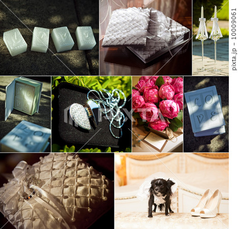 Wedding decorations collage.Candles, rings, flowers, shoes. 10009061