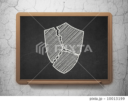 Protection concept: Broken Shield on chalkboard background 10013199
