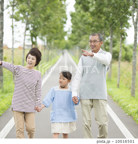 一本道で手をつなぐ祖父母と孫 一本道で手をつなぐ祖父母と孫 10016501