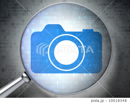 Travel concept: Photo Camera with optical glass on digital background 10018348