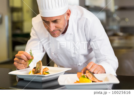 Concentrated male chef garnishing food in kitchen Concentrated male chef garnishing food in kitchen 10025616