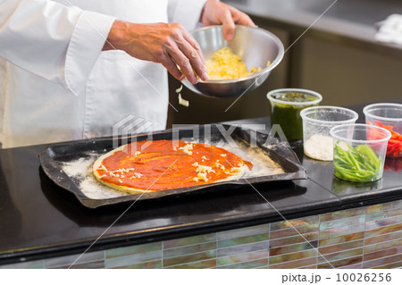 Mid section of a chef garnishing food in kitchen 10026256