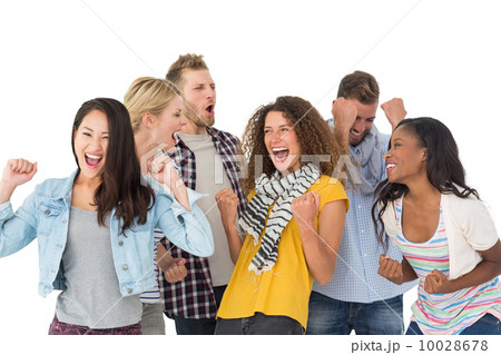 Happy group of young friends cheering 10028678