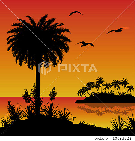 Tropical island, palms, flowers and birds 10033522