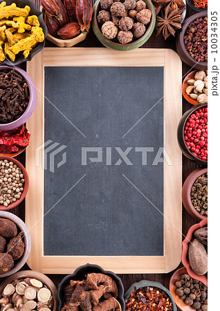 Large set of spices and seasonings, top view 10034305