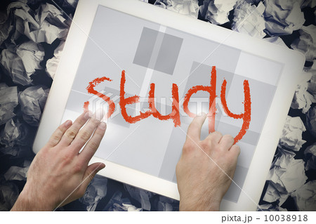 Hand touching study on search bar on tablet screen Hand touching study on search bar on tablet screen 10038918