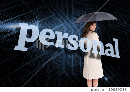 Businesswoman holding umbrella behind the word personal 10039258