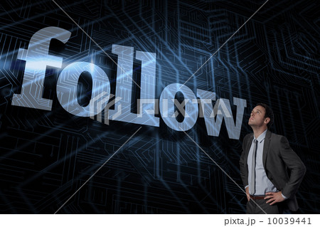 Follow against futuristic black and blue background 10039441