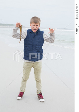 Full length of a cheerful boy holding dry leaf at beach 10041267