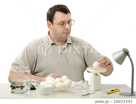 Phytocontrol engineer weighing white chicken eggs Phytocontrol engineer weighing white chicken eggs 10053392