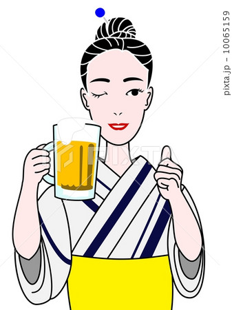 生ビールのジョッキを持つ浴衣の女性のイラスト素材