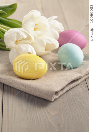 pastel color easter eggs with tulips on table 10066082