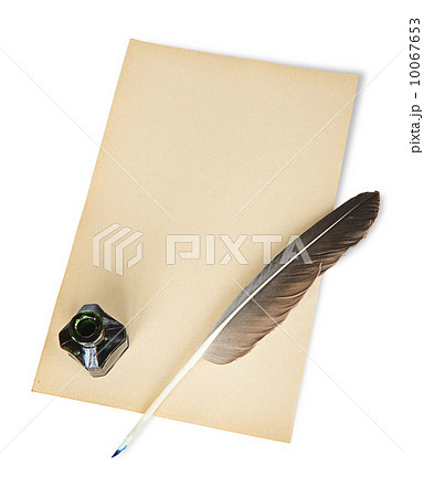 Feather, ink and sheet of old paper 10067653