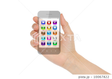 Woman hand holds transparent smart phone with icons 10067822