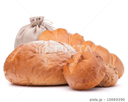 fresh bread and flour sack isolated on white background cutout 10069390
