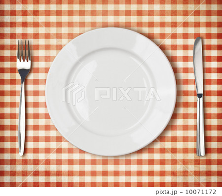 white plate, fork, knife top view over old red picnic tablecloth 10071172