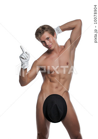 Smiling naked guy posing in gloves with hat 10078904