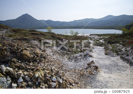 日本三大霊場 恐山と宇曽利湖の極楽浜の写真素材