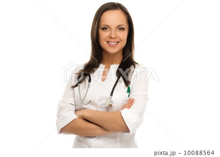 Young positive brunette doctor woman isolated on white Young positive brunette doctor woman isolated on white 10088564