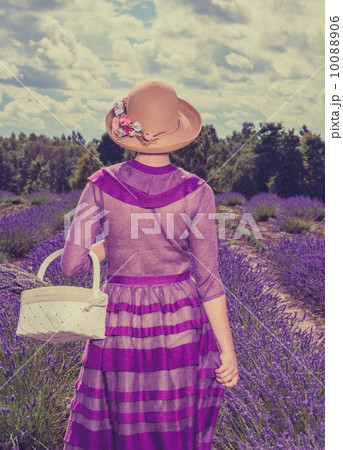 Woman in purple dress and hat with basket in lavender field Woman in purple dress and hat with basket in lavender field 10088906