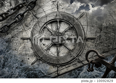 Vintage navigation background illustration with steering wheel, charts, anchor, chains 10092829