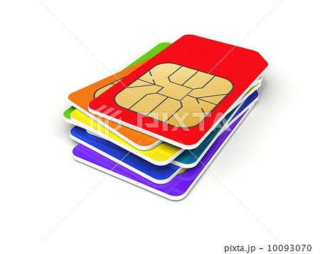 Stack of colorful phone SIM cards isolated on white background. 10093070