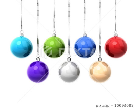 Set of colorful Christmas balls hanging on ribbons isolated on w Set of colorful Christmas balls hanging on ribbons isolated on w 10093085