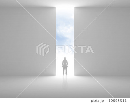 Abstract empty interior with opening in the wall and a man standing in the light Abstract empty interior with opening in the wall and a man standing in the light 10093311