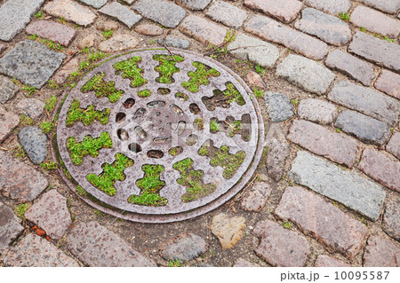 Round sewer manhole on stone pavement with green grass inside Round sewer manhole on stone pavement with green grass inside 10095587